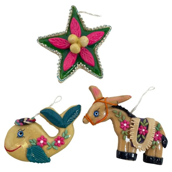 Handcrafted Mexican Folk Art Ornaments Set Of 3 - Donkey Fish & Star Design With - Picture 1 of 11